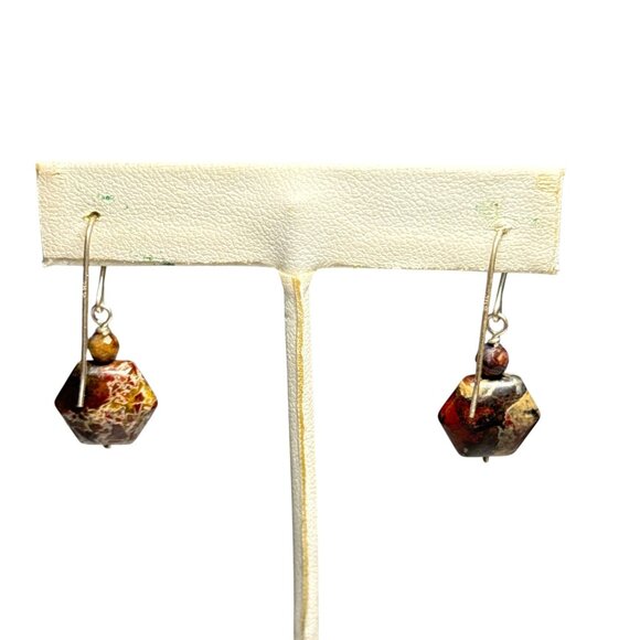 Hexagon Jasper Stone Dangle Earrings Handmade Brown Gemstone Jewelry - Picture 4 of 8